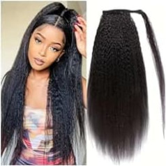 Women Kinky Straight Ponytail Human Hair Wrap Ponytail Extension, 25.4-66 cm, Brazilian Human Hair, Yaki Straight Ponytail Clip in Hairpieces for Women, Daily Use (24inc