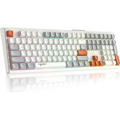 V300 108 Wired Gaming Keyboard, QWERTY RGB Keyboard with Rainbow Backlight, Illuminated Keyboard and Membrane Keys/Multimedia Keys, Ergonomic ABS Ball Caps - Grey White