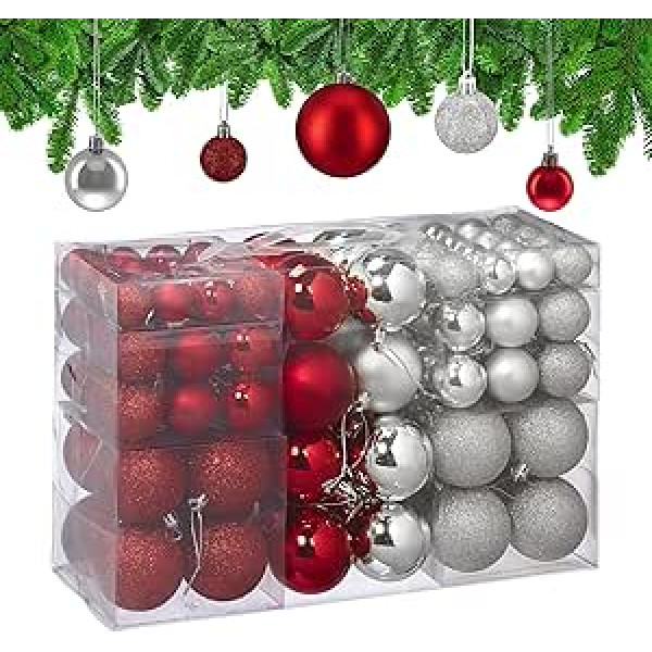 Relaxdays Christmas Baubles Set of 100, Christmas Decoration, Matt, Shiny, Glitter, Christmas Tree Baubles Diameter 3, 4 & 6 cm, Silver/Red