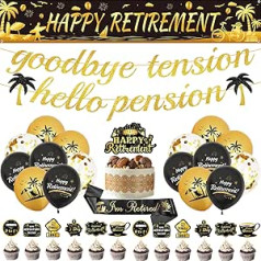 Retirement Balloon Banner Set 32 Pieces Black Gold Happy Retire Latex Confetti Balloon Banner Train Flag Cake Topper Shoulder Straps for Women Men Office Leaving Party