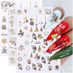 Weihnachten Nagelaufkleber, 9 Blatt 3D Metall Gold Weihnachten Nail Art Decals Schneeflocken Weihnachtsmann Schneemann Glocke Weihnachtsbaum Elch Frohe Weihnachten Winter Nageldesign Gold Schwarz
