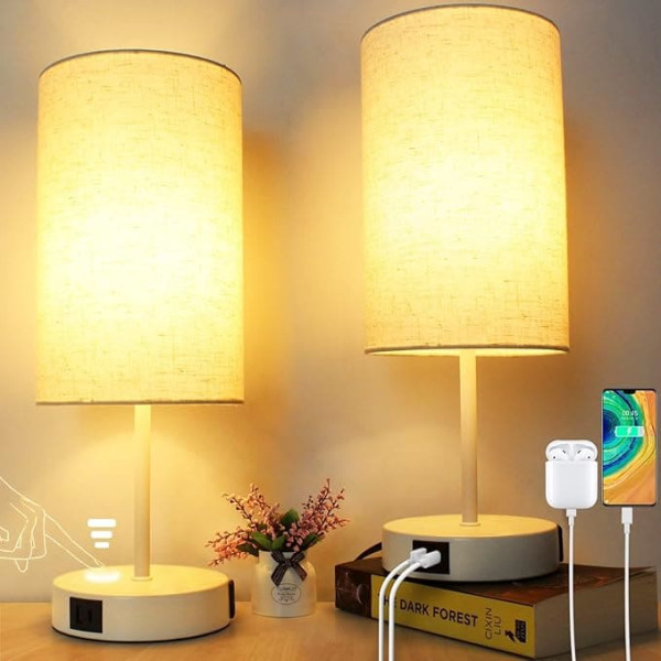 Set of 2 Bedside Lamps, Touch Dimmable, LED Table Lamp with USB Port, Small E27 Table Lamp, White with Shade for Bedroom, Includes 6 W Warm White LED Bulb