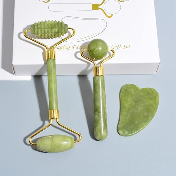 3 Pieces Jade Face Shaping Tool Roller Massager Gua Sha Gift Set Stone Jade Gua Sha Scratch Massager for Women Amp Roller for Face Scraper Eye Roller for Swollen A