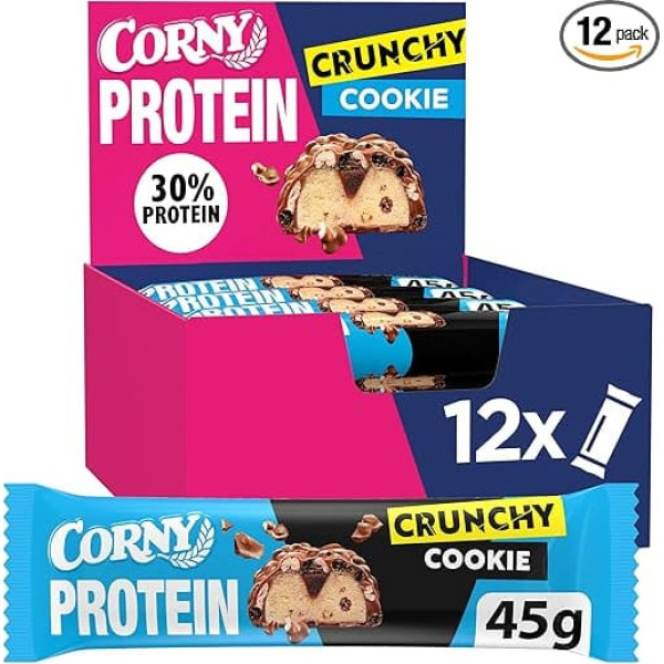 Protein Bar, Corny Protein Crunchy Cookie Flavour, 30% Protein, Protein Bar without Added Sugar, Bulk Pack, 12 x 45 g