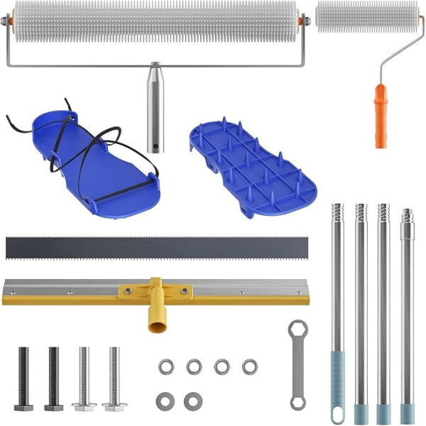 Floor Coating Set, 508mm Defoaming Roller for Self Levelling Floors with Removable 1.6m Extension Handle, Serrated Squeegee and Spiked Shoes, Large Area Squeegee