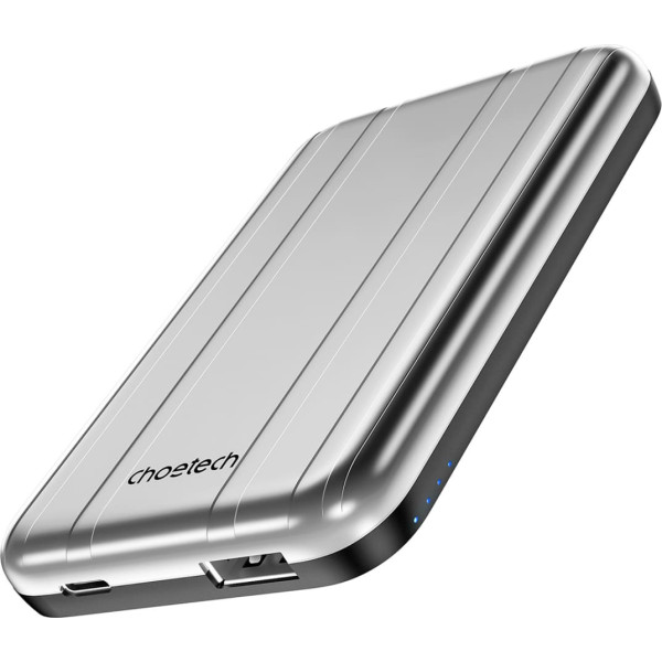 Maza, viegla induktīvā 5000mAh MagSafe USB-A USB-C sudraba krāsā