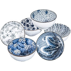 Ceramic Snack Bowls Set of 6 Japanese Style, Blue and White Bowls, 11 cm Small Rice Bowls Set, China Soup Bowls (11 cm)