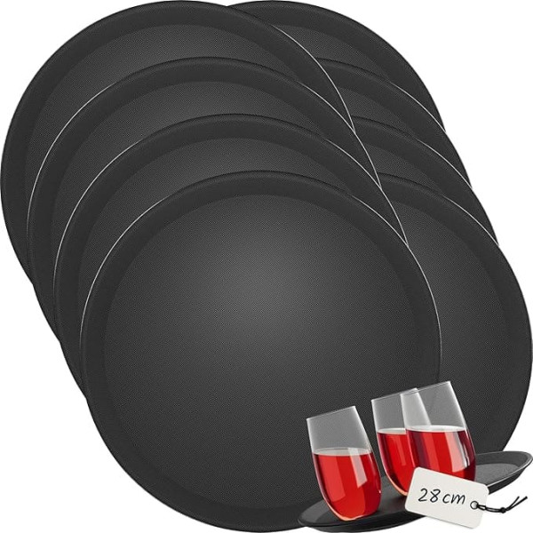 WELLGRO 8 x Waiter's Trays Non-Slip Diameter 28 cm – Serving Tray Catering Tray Round Non-Slip Tray Black Restaurant Serving Plates