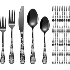 XIAOYU 40 Piece Black Cutlery Set with Bizarre Skull - Gothic Stainless Steel Set for 8 Persons, Unique Skull/Crow/Flower/Bat Pattern Design, Halloween Cutlery