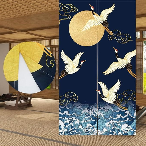 LIGICKY Japanese Style Thick Noren Long Curtain, Double-Sided Print Door Curtain, Room Divider, Tapestry for Home Textiles, 85 x 150 cm, Blue (White Crane Sea Waves and Moon)