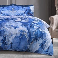 Sleepdown Metallic Marble Glitter Blue Silver Reversible Soft Easy Care Duvet Cover Bedding Set with Pillow Cases King (230x220cm)