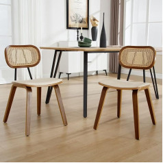 Rattan Dining Room Chairs, Set of 2, Kitchen Chairs with Wooden Legs, Rattan Chair, Faux Leather Seat, Upholstered Chair for Dining Room, Beige