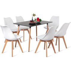 EGGREE Rectangular Dining Set 6 Chairs Kitchen Table Wooden Table | Black Table + 6 White Chairs