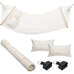 Bakaji Garden Hammock Double Bed 2 Seater 232 x 148 cm Clear Wooden Bars Cotton Cover with 2 Cushions and Straps (Beige)