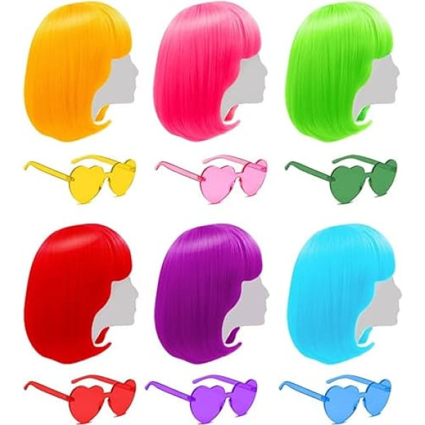 Kurze Bob-Perücken mit Pony, 6 Stück, bunte Perücken, Obst-Strand-Set, Cosplay-Perücke mit Herz-Sonnenbrille, Haarteile für Neon-Halloween-Kostüm, Perücke, Junggesellinnenabschied, Dekorationen