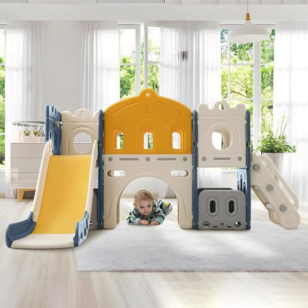 6-in-1 Castle Indoor Climbing Frame with Slide, Playhouse for Children 3-6 Years, Motor Skills Toy with Basketball Hoop and Crawling Tunnel Made of HDPE