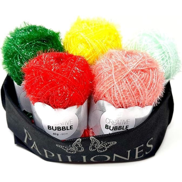 Camtiac Creative Bubble Yarn Crochet Yarn Knitting Yarn Craft Yarn Washing Sponge Yarn Summer Colours: 2 Yellow 5 Melon 6 Red 8 Mint 19 Fir 5 x 50 g with Papiliones Bag