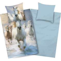 Aminata kids Girls' Bed Linen 135 x 200 cm Horse Cotton Children's Bedding with Horse Motif Blue White Zip Reversible Bed Linen