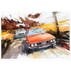 MINSEOK Watercolour Car Poster - Premium A2 Wall Decor, Vintage Prints Gift Idea for Car Lovers - Yellow Landscape & Orange Vintage Cars