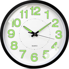 Luminous Wall Clock, 12 Inch Silent Non Ticking Quartz Night Light Wall Clock Round Battery Operated Large Display Wall Clock for Home Bedroom Kitchen Living Room Office School Garage (Black)