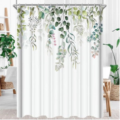 Shower Curtain 180 x 200 cm, Green Leaves Anti-Mould Textile, Weighted Hem, Water-Repellent, Washable Polyester Fabric Bath Curtains with Eyelets and 12 Shower Curtain Rings for Bathroom, Bathtub