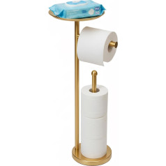 Freestanding Gold Toilet Paper Stand with Storage Tray and Space for 4 Extra Rolls