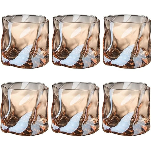 Glasses Set of 6, 200 ml, Irregular Crystal Whiskey Glasses, Drinking Glasses, Iced Coffee Glasses, Cocktail Glasses, Long Drink Glasses, Water, Tea, Coffee, Juice, Dishwasher Safe (Brown)