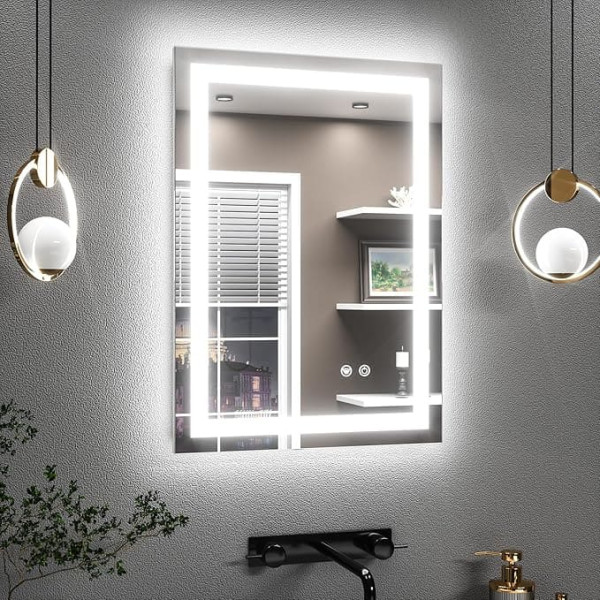 TETOTE Bathroom Mirror with Lighting, 50 x 70 cm, Illuminated, Anti-Fog Bathroom Wall Mirror, Without Frame, Bathroom Mirror with LED Touch Switch, 3 Light Colours, Dimmable Memory Function