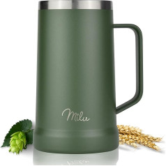 Milu Beer Mug, Stainless Steel Insulated Beer Glass with Lid, Thermal Mug with Handle, Beer Gift for Men, Dad, Keeps Cold for 7 Hours (700 ml, Olive Green)