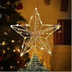 Christmas Tree Topper, LED Star Tree Crown with Golden Pearl, Illuminated Pentagram Snow Tree Topper with 20 Mini Lights for Christmas Tree Decorations (Medium Size)