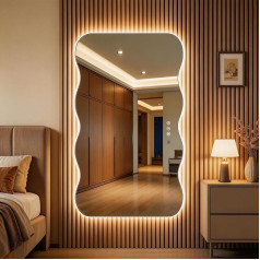 Hasipu Bathroom Mirror with Lighting, 139 x 91 cm, LED Bathroom Mirror, Wave Shape, Wall Mirror, Anti-Fog Bathroom Mirror with Touch Switch, 3 Light Colours, Dimmable