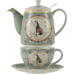 London Pottery Bone China Teapot Set, Tea Pot and Serving Set for One Person Teapot, Cup and Saucer with Animal Pattern (Habbit)