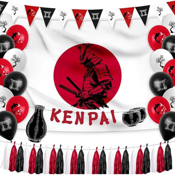 Hades Hibachi Party Decorations - Japanese Birthday Accessories - Japanese Theme Decor - Party Supplies for Adults and Children - Koi Fish Garland - Samurai Flag Background - Cherry Blossom