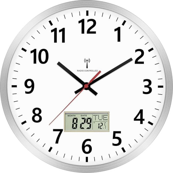 Foxtop Radio Analogue Wall Clock 30 cm Digital Wall Clock with Temperature and Date LCD Display Clock for Kitchen, Living Room, Silver