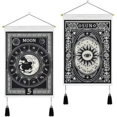 Elloevn 2 Set Tarot Card Small Tapestry with Tassels, Medieval Devination Psychedelic Wall Hanging, Moon and Sun, Abstract Mysterious Wall Art for Bedroom, 35 x 50 cm