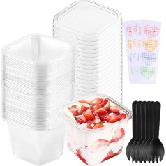 Dessert Cups, Plastic Dessert Cups with Lids and Spoons, Reusable Plastic Dessert Cups, Square Dessert Cups, Transparent, Parfait for Dessert, Ice Cream, Pudding, Wedding