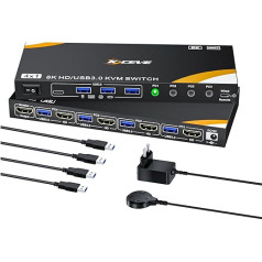 HDMI KVM Switch 4 PC 1 Monitor 8K @ 60Hz, 4 Port HDMI 2.1 KVM Switch for 4 Computers Share 1 Monitor and 4 USB 3.0 Devices (Keyboard, Mouse, Printer), with Wired Remote and 4 USB 3.0 Cables