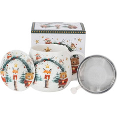 Tea Cup with Lid and Strainer, 430ml - Porcelain New Bone China, Stainless Steel Infuser, Gift Box - Christmas Design - Dishwasher & Microwave Safe - Gift (CHRISTMAS CUTIES 2)