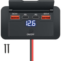 96W 12V USB Wall Mount Socket - Dual 36W USB-C PD & Dual QC3.0 18W Car Charging Socket with Waterproof Switch, Surface Mount for Motorhome, DE-car Charger 1p