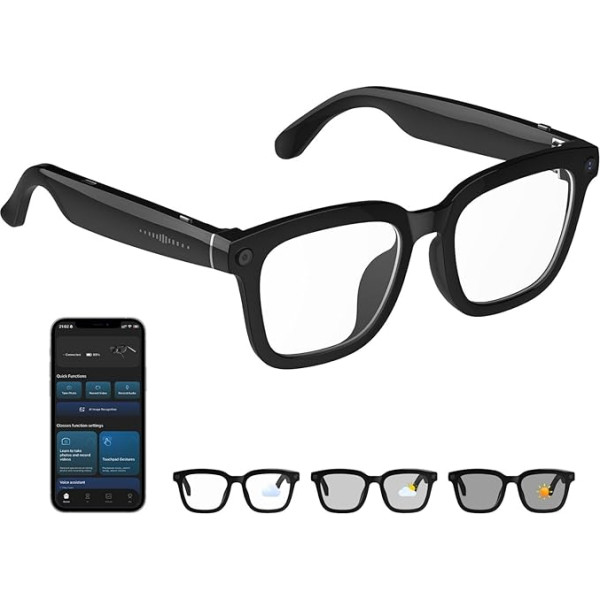 AI Smart Glasses with HD 1200P Camera, 8MP Anti-shake Auto Tint Photochromic Lenses for Outdoor Travel Hands Free Video Recording AI Object Detection and