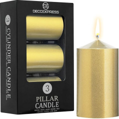 DECO EXPRESS Metallic Pillar Candle Set, 3 Pack, Candles Long Burn Time, 30 Hours, Odourless (Gold - Pack of 3)