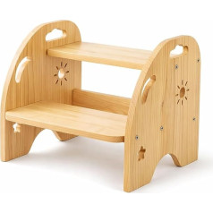 Children's Wooden Step Stool 2 Steps - Stable & Non-Slip with Handle - 200 kg Load Capacity Children's Stool for Bathroom Kitchen - Footstool Wood Safe for Children's Sink - Learning Tower Alternative