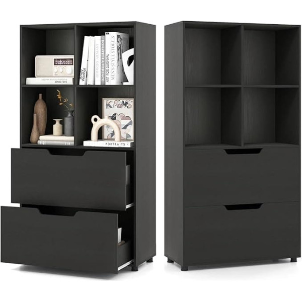 KOMFOTTEU Wooden Bookcase with 4 Compartments and 2 Drawers, Bookcase with Tilt Protection, Cube Shelf, Standing Shelf for Living Room, Office, Bedroom, 70 x 33.5 x 130 cm (Black)