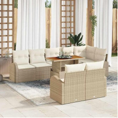Außen-Sofa-Set mit Stauraum, Poly-Rattan Akazienholz, Eckplatz Sofa-Set für Terrasse, 9-teilig in Schwarz und Creme