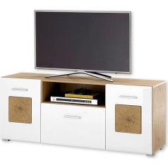 Stella Trading TV Lowboard in White, Artisan Oak Look with End Grain Wood Appliques, Modern TV Cabinet with Lots of Storage Space for Your Living Room, 140 x 58 x 38 cm (W x H x D)