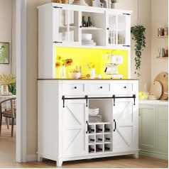 Tall Kitchen Cabinet, Buffet Cabinet with LED & Adjustable Shelves, Storage Cabinet Kitchen Tall with Sliding Door, Wine Rack & 3 Drawers, Sideboard Cupboard, 105 x 38.4 x 180 cm (White)
