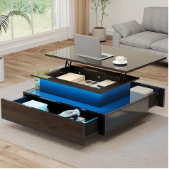 TAUS Coffee Table with LED and Drawer for Living Room, Coffee Table Height Adjustable with High Gloss Surface, 55D x 85W x (41-56) H cm