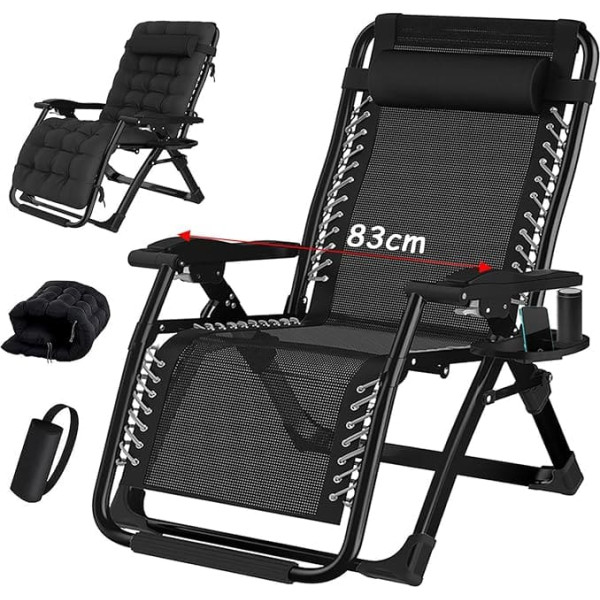 Garden Lounger Folding Sun Lounger Recliner for Balcony, Folding Deck Chair 200 kg Load Capacity, Garden Chair with Reclining Function, Deck Chair, XXL Adjustable Zero Gravity Chair (Black, 83 cm)