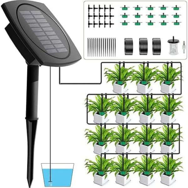 Solar Watering System Garden 15 m Watering System Greenhouse with 15 Drip12 Timer, Automatic Watering for Plants on Holiday, Anti-Siphon, Solar Watering for Balcony, Potted Plants