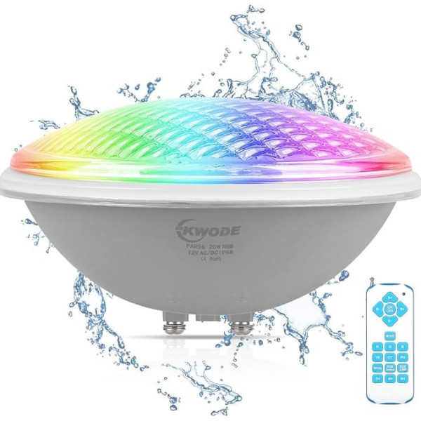 KWODE LED Pool Lighting PAR56, 20 W RGB Swimming Pool Lighting, IP68 Waterproof Pool Lamp Light with Remote Control, Timing 2/4/6H, Underwater Spotlight Pool Headlight [12V AC/DC]